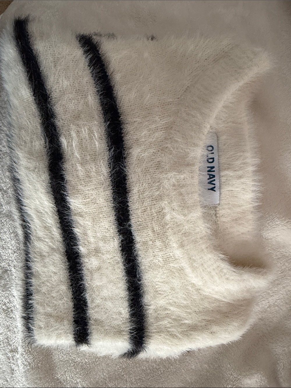 Old Navy Cream and Black Fuzzy Striped Crew Sweater - Picture 4 of 4